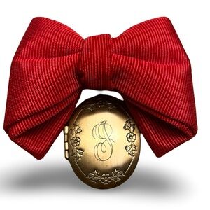 Vintage 80s Red Grosgrain Ribbon Brooch with “J” Engraved Locket